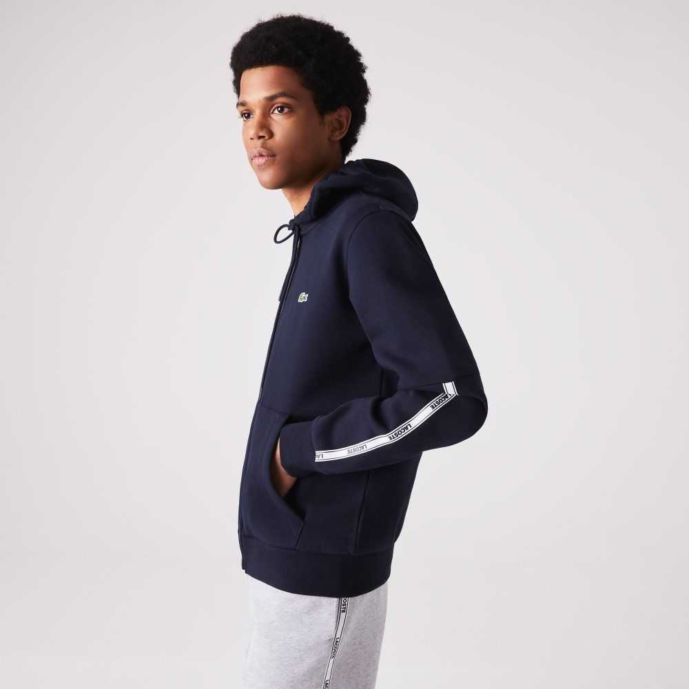 Lacoste Branded Bands Zippered Fleece Hoodie Marinblå Blå | AWVMZ-3967