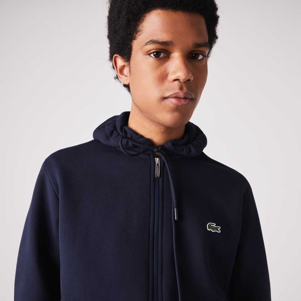 Lacoste Branded Bands Zippered Fleece Hoodie Marinblå Blå | AWVMZ-3967