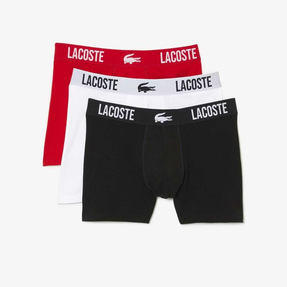 Lacoste Branded Contrast Crocodile Boxer Brief 3-Pack Svarta Röda Vita | CGBQE-7150