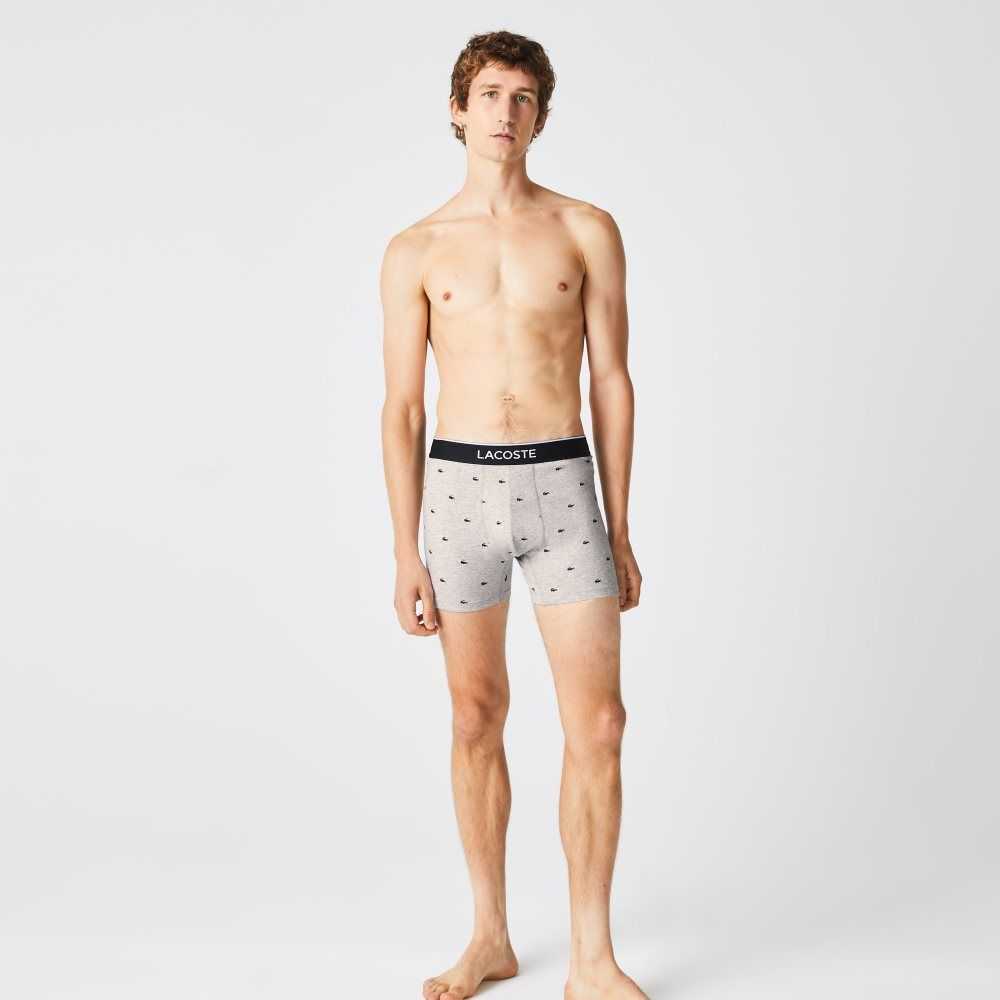 Lacoste Branded Midja Long Stretch Bomull Boxer Brief 3-Pack Svarta Grå | QMLIJ-9706