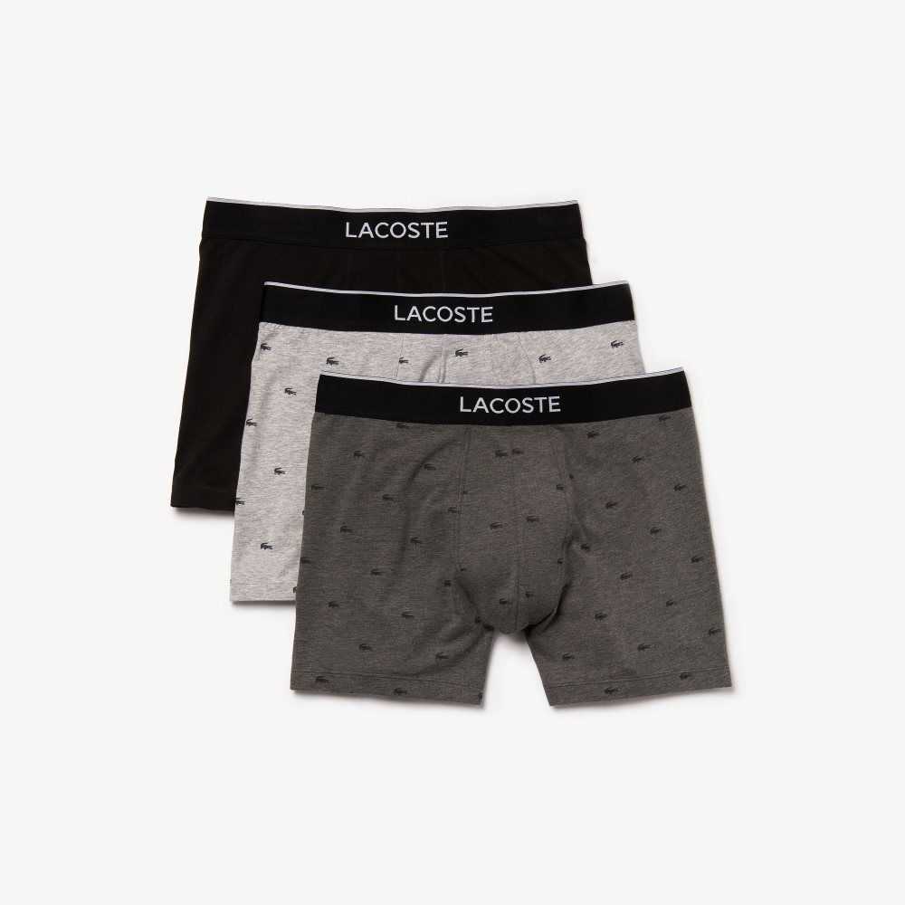 Lacoste Branded Midja Long Stretch Bomull Boxer Brief 3-Pack Svarta Grå | QMLIJ-9706