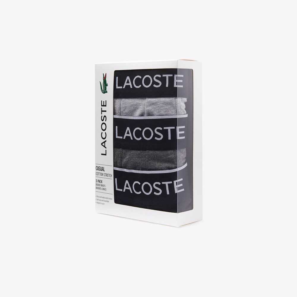 Lacoste Branded Midja Long Stretch Bomull Boxer Brief 3-Pack Svarta Grå | QMLIJ-9706