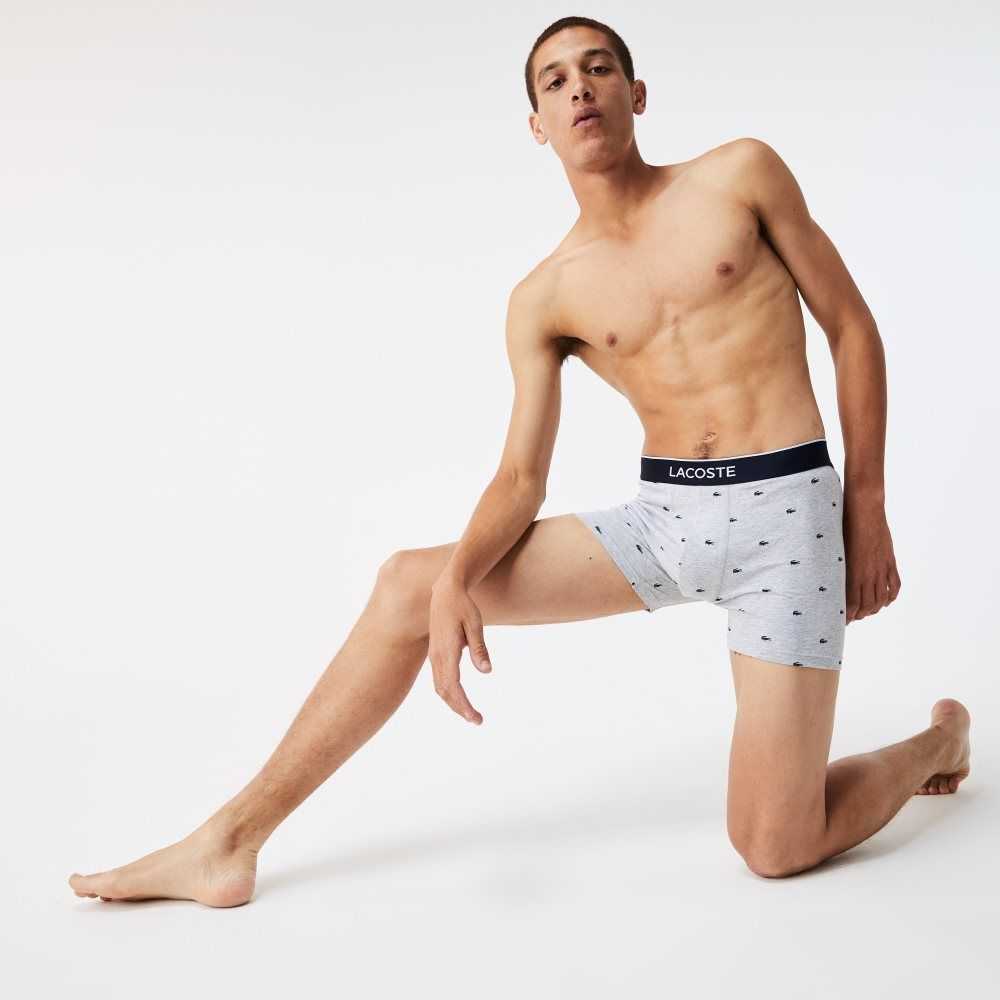 Lacoste Branded Midja Long Stretch Bomull Boxer Brief 3-Pack Marinblå Blå Grå Röda | ZJYSV-7085