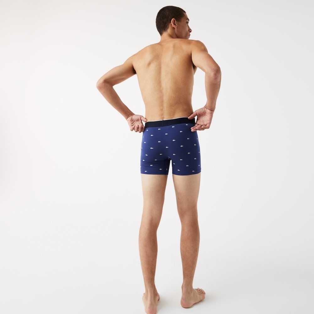 Lacoste Branded Midja Long Stretch Bomull Boxer Brief 3-Pack Marinblå Blå Grå Röda | ZJYSV-7085