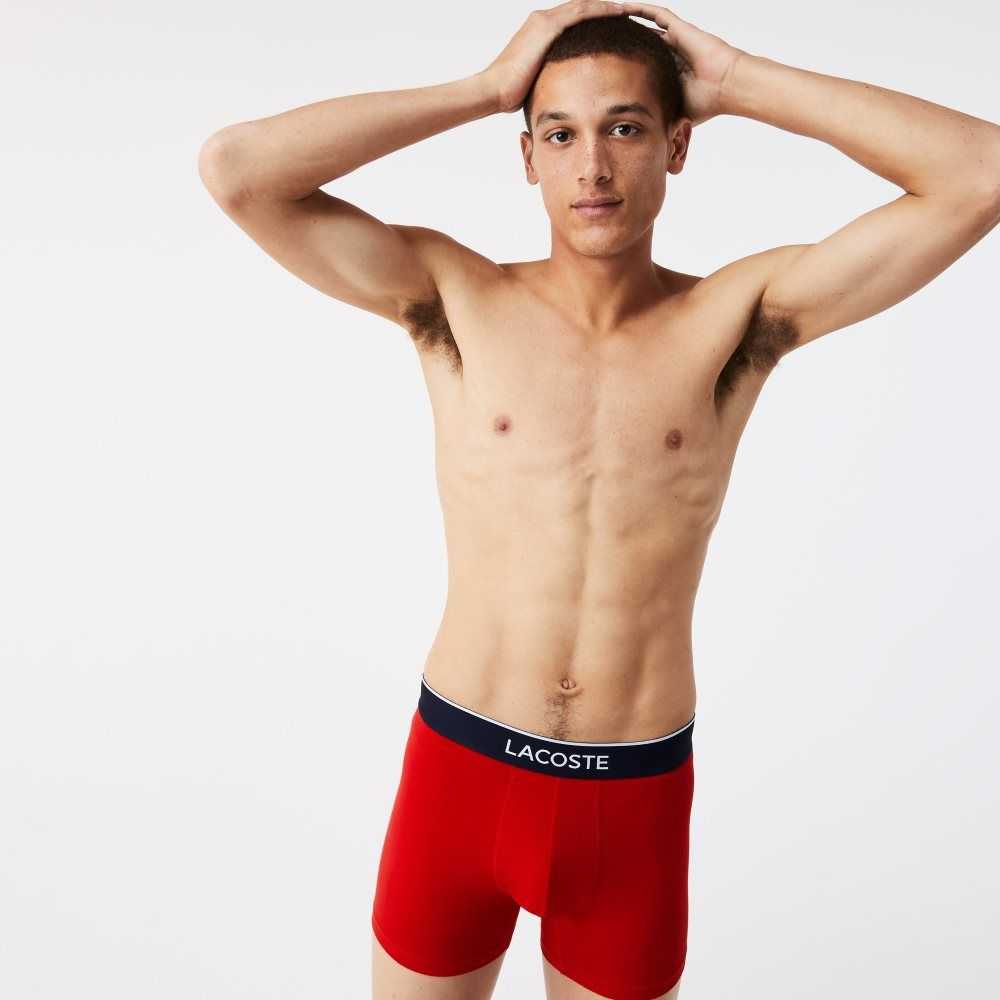 Lacoste Branded Midja Long Stretch Bomull Boxer Brief 3-Pack Marinblå Blå Grå Röda | ZJYSV-7085