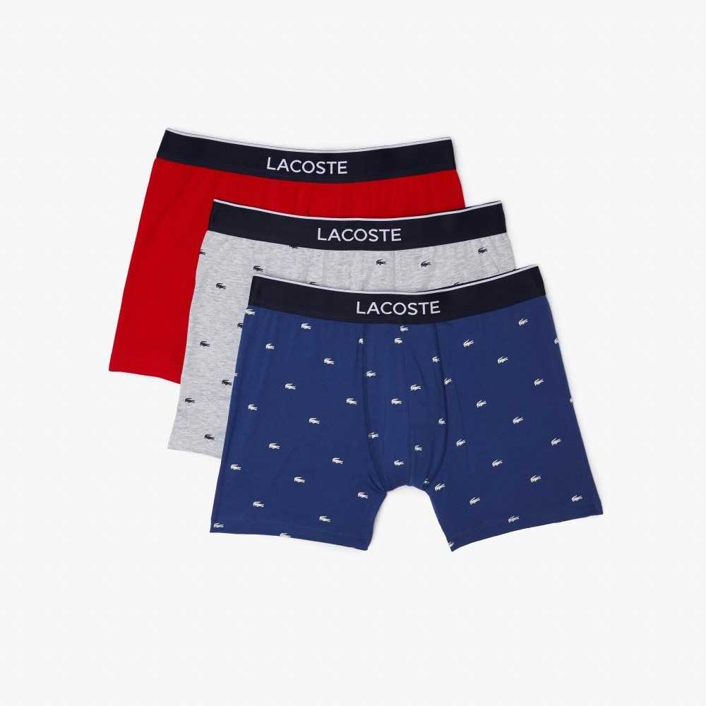 Lacoste Branded Midja Long Stretch Bomull Boxer Brief 3-Pack Marinblå Blå Grå Röda | ZJYSV-7085