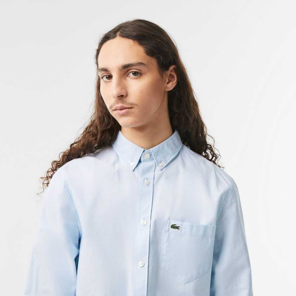 Lacoste Buttoned Collar Oxford Bomull Blå | PAHKQ-3027