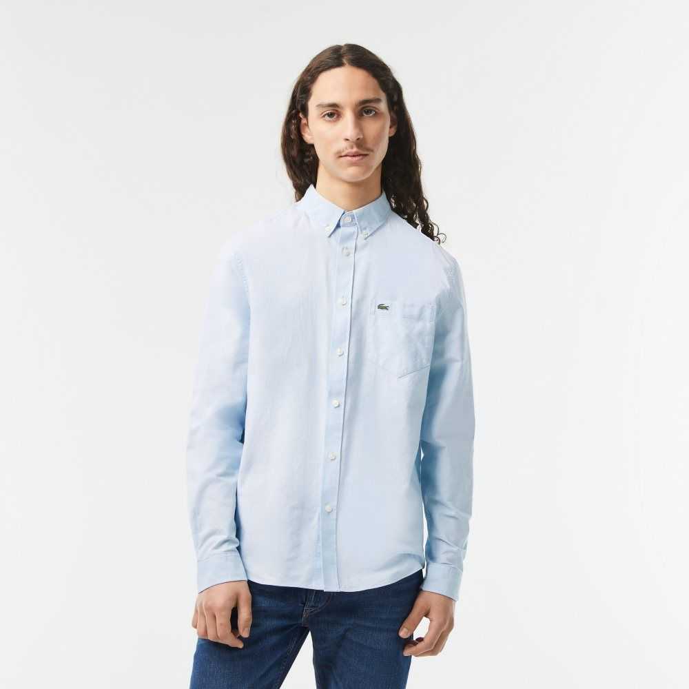 Lacoste Buttoned Collar Oxford Bomull Blå | PAHKQ-3027