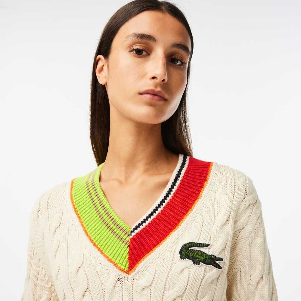 Lacoste Cable Knit Color Twist V-Neck Vita | FQDXU-2941