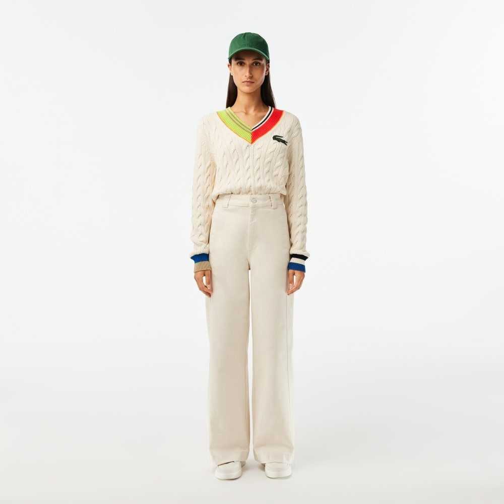 Lacoste Cable Knit Color Twist V-Neck Vita | FQDXU-2941