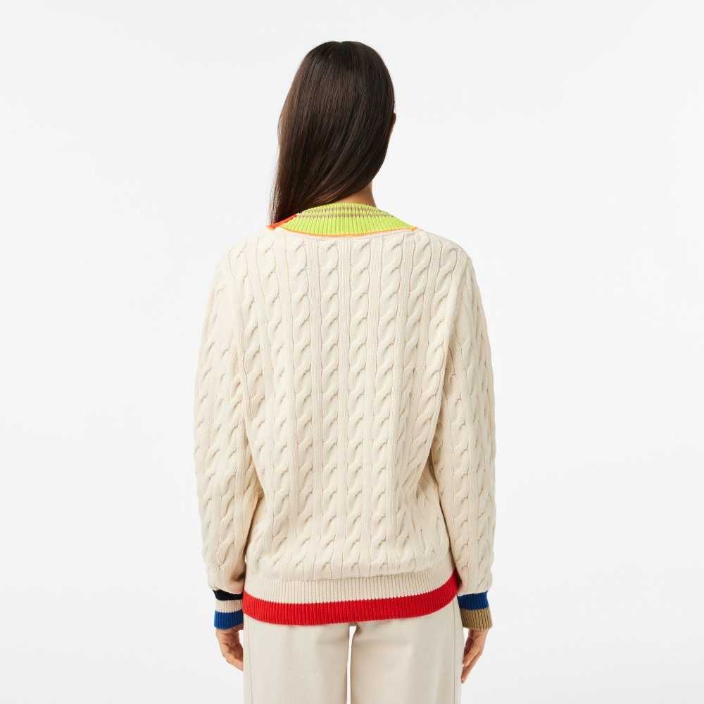 Lacoste Cable Knit Color Twist V-Neck Vita | FQDXU-2941