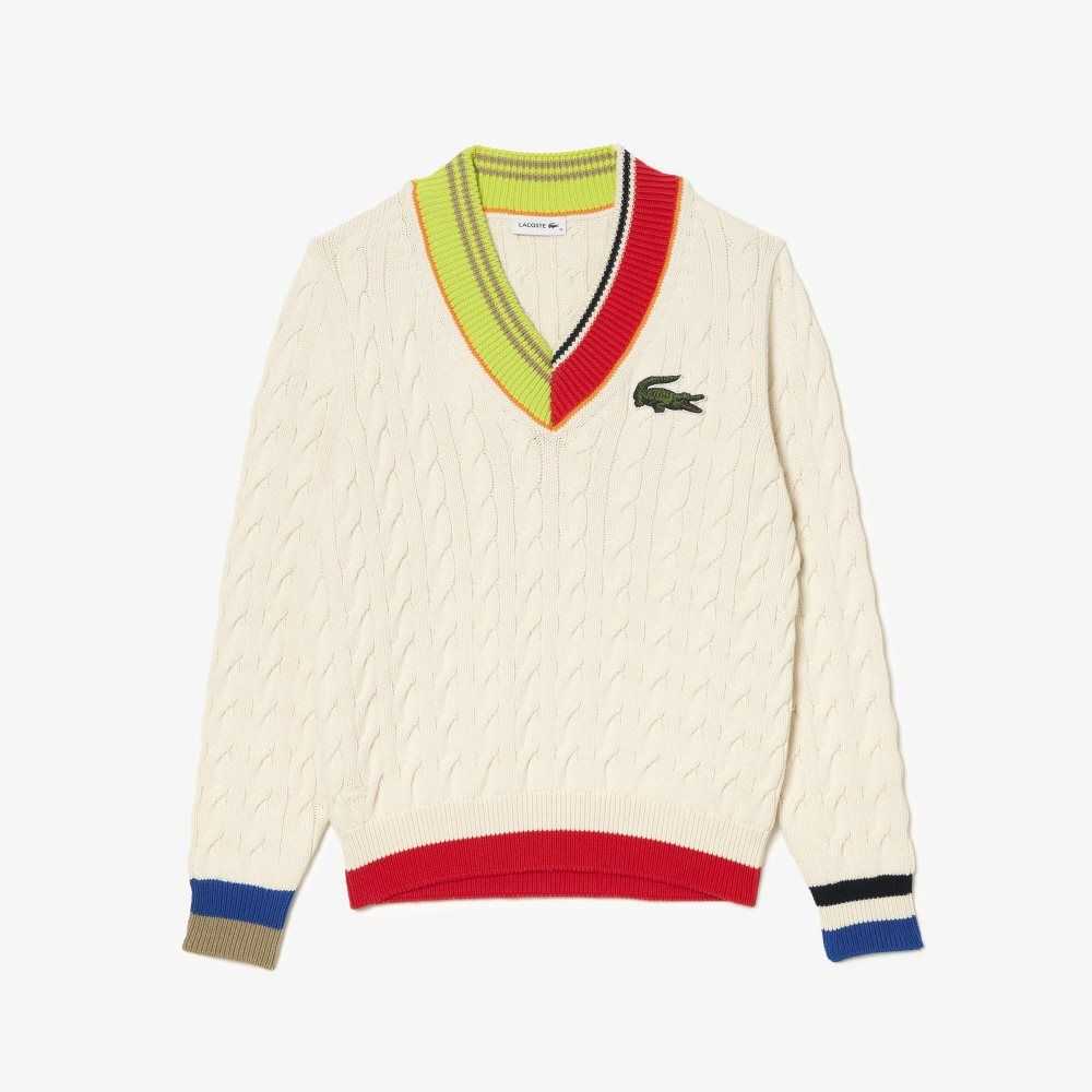 Lacoste Cable Knit Color Twist V-Neck Vita | FQDXU-2941