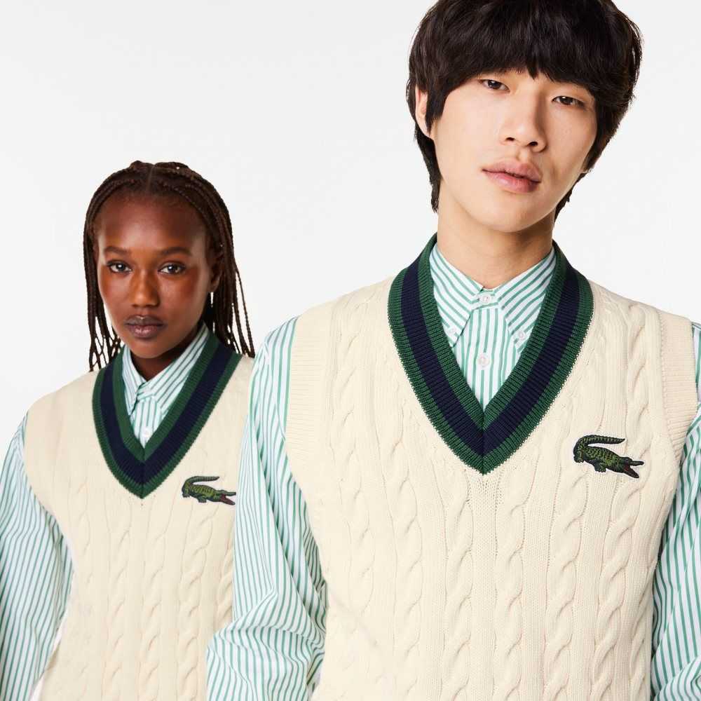 Lacoste Cable Knit Vest in Organic Bomull Vita | AMHTC-6298