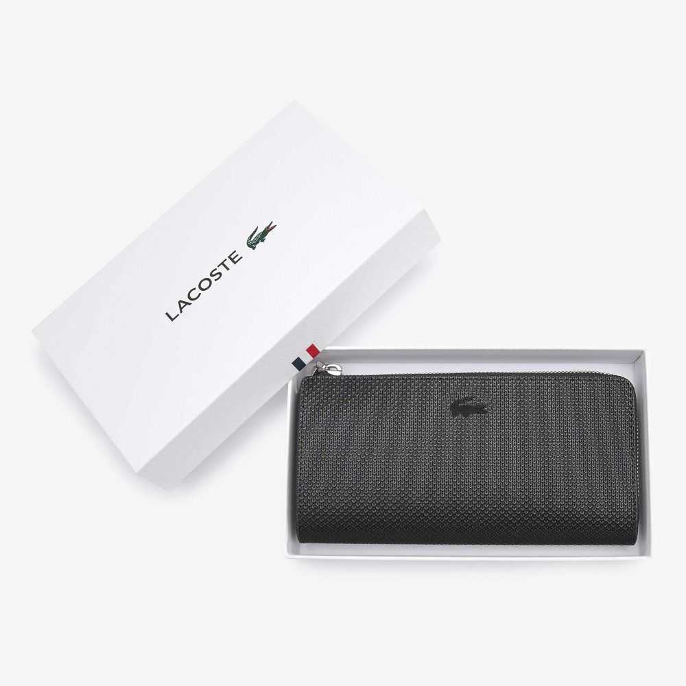 Lacoste Chantaco Zippered Matte Pique Läder Wallet Svarta | MVLZE-7639