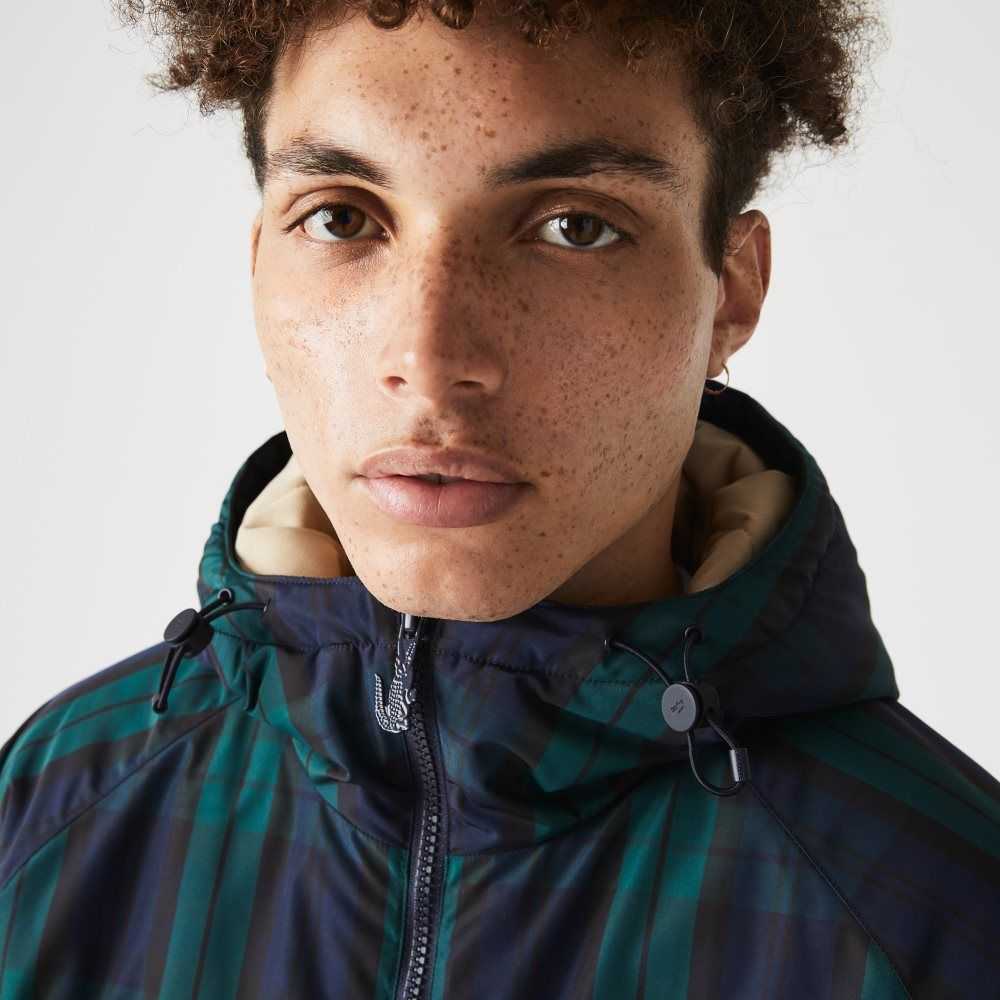 Lacoste Checkered Quiltad Pullover Windbreaker Gröna Marinblå Blå Svarta | IDYKR-4607