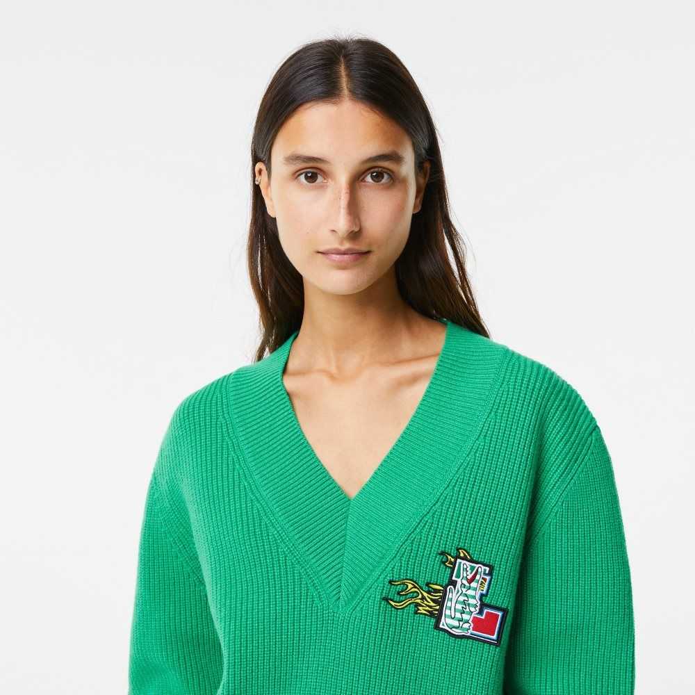 Lacoste Comic Badge V-Neck Ull Gröna | YSCIF-7046