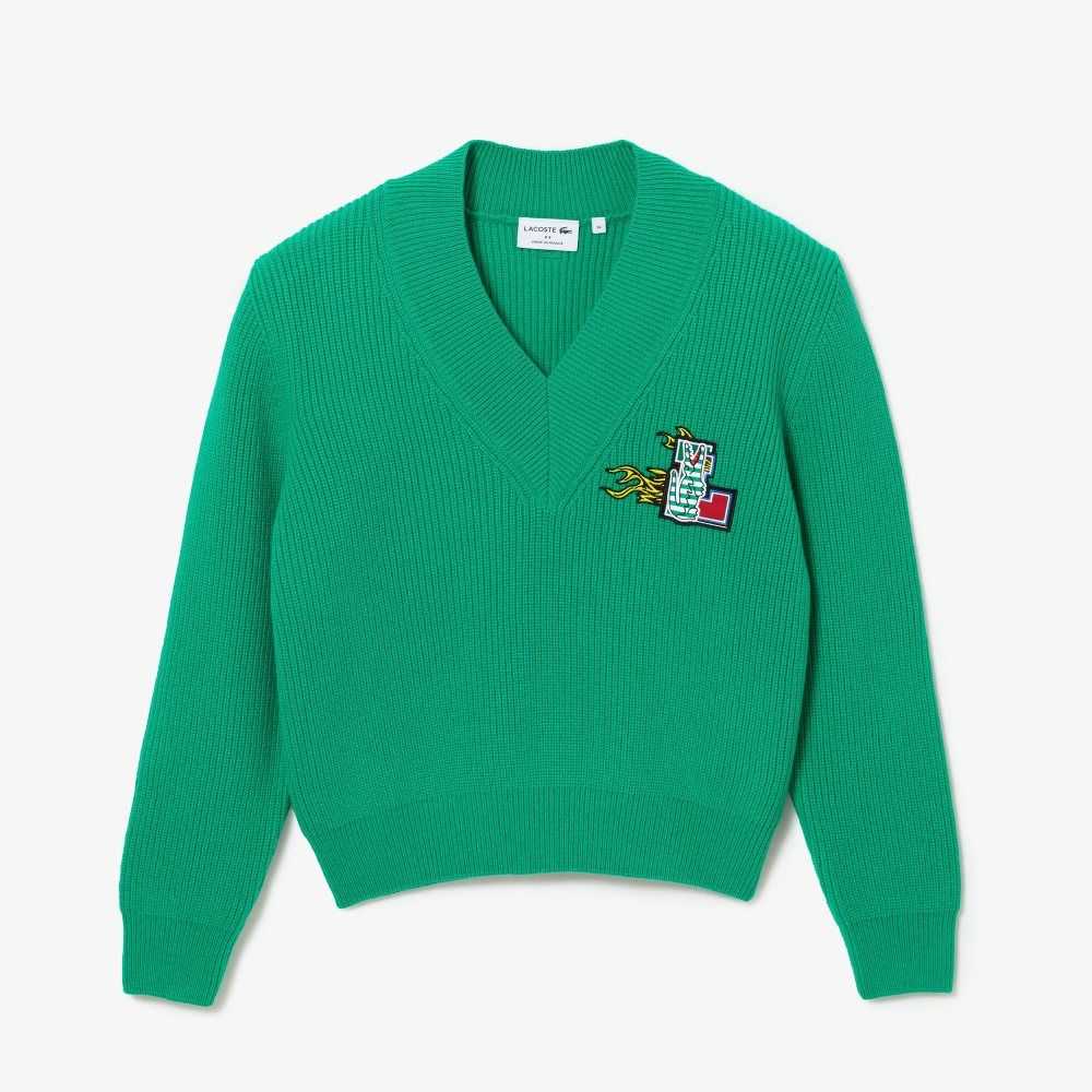 Lacoste Comic Badge V-Neck Ull Gröna | YSCIF-7046