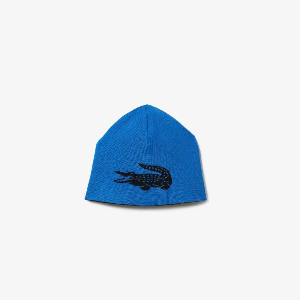 Lacoste Contrast Crocodile Reversible Beanie Svarta Blå | ABLTQ-0713