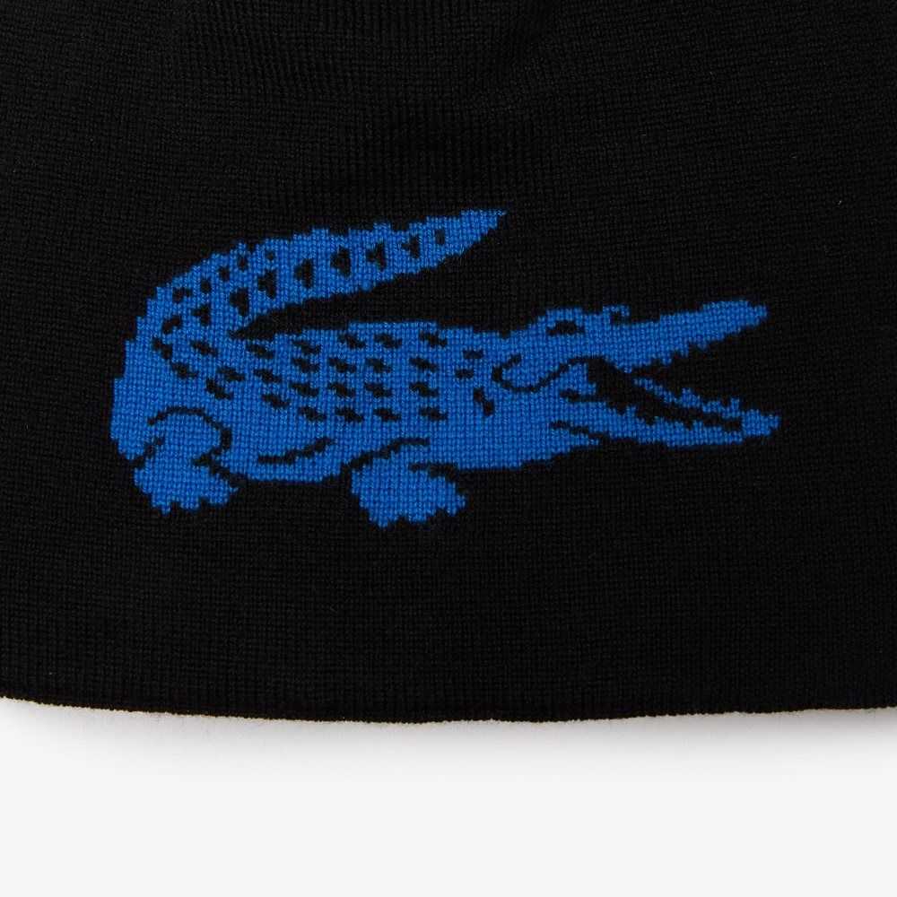 Lacoste Contrast Crocodile Reversible Beanie Svarta Blå | ABLTQ-0713