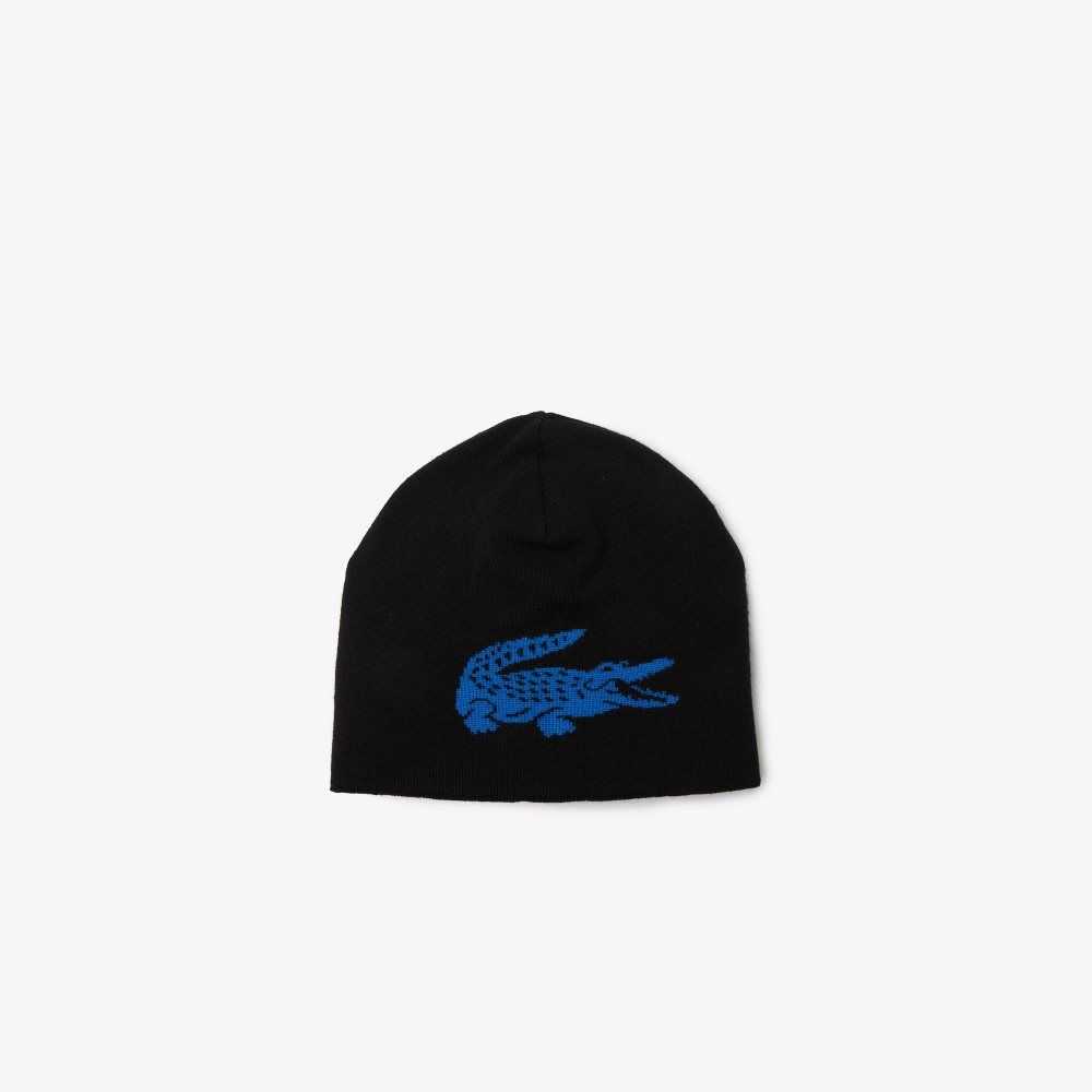 Lacoste Contrast Crocodile Reversible Beanie Svarta Blå | ABLTQ-0713