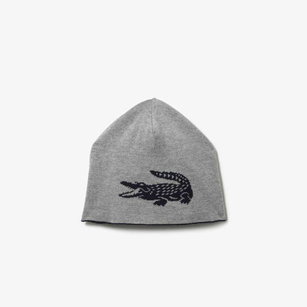 Lacoste Contrast Crocodile Reversible Beanie Marinblå Blå Grå | MLVHU-6138