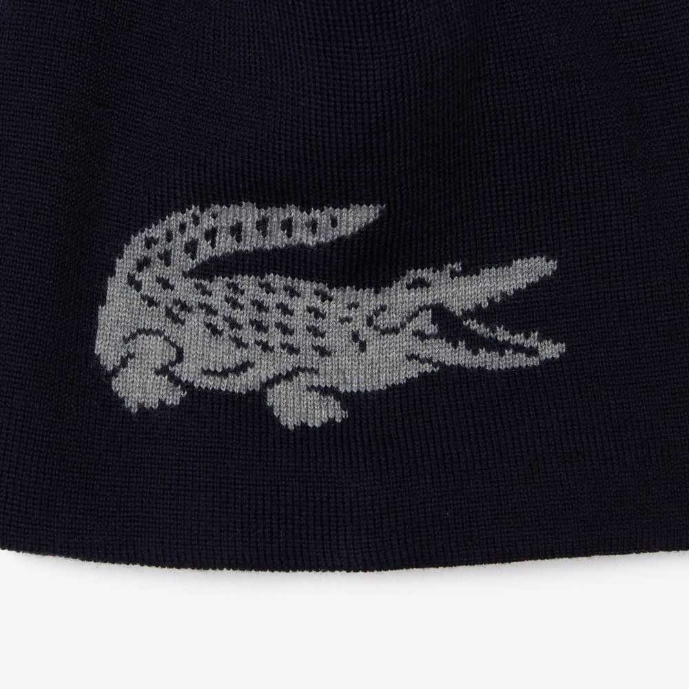 Lacoste Contrast Crocodile Reversible Beanie Marinblå Blå Grå | MLVHU-6138