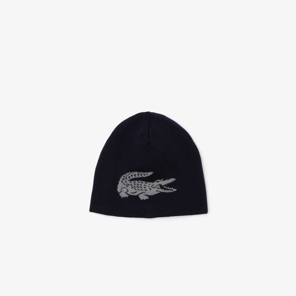 Lacoste Contrast Crocodile Reversible Beanie Marinblå Blå Grå | MLVHU-6138