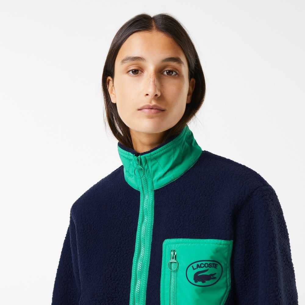 Lacoste Contrast Print Sherpa Fleece Marinblå Blå Gröna | FBODE-5639