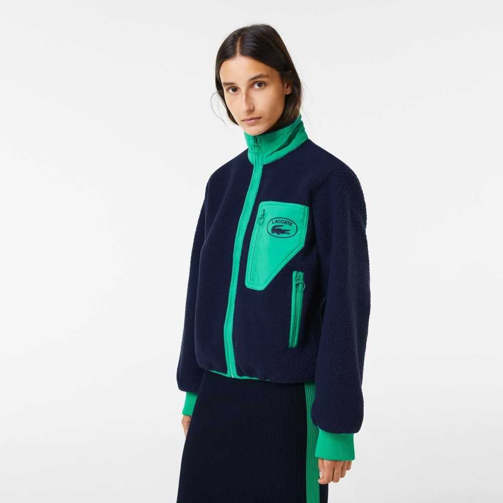 Lacoste Contrast Print Sherpa Fleece Marinblå Blå Gröna | FBODE-5639