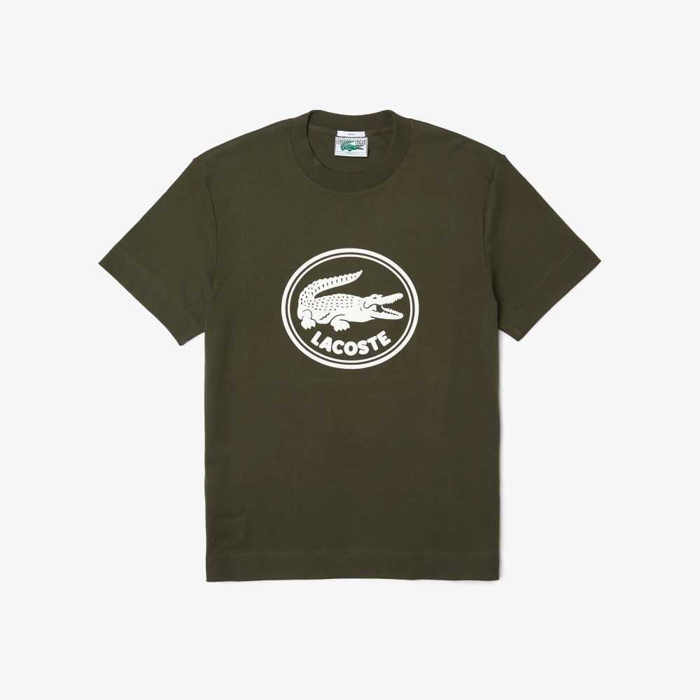 Lacoste Crew Neck 3D Printed logo Bomull Khaki Gröna | LZHVX-7569