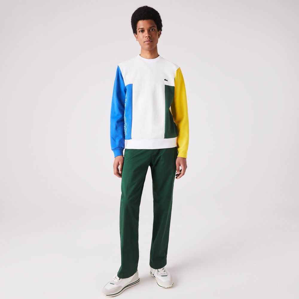 Lacoste Crew Neck Colorblock Bomull Fleece Vita Blå Gula Gröna | YJOMT-0432