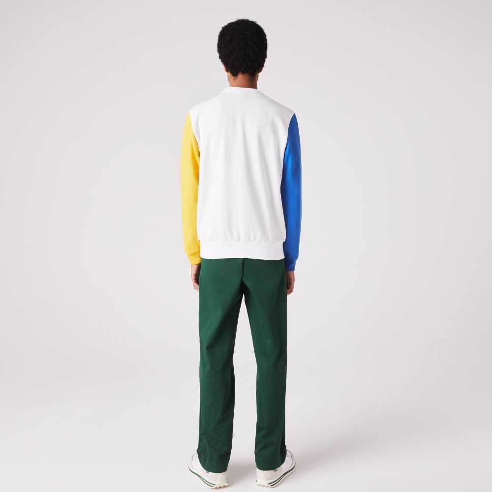 Lacoste Crew Neck Colorblock Bomull Fleece Vita Blå Gula Gröna | YJOMT-0432