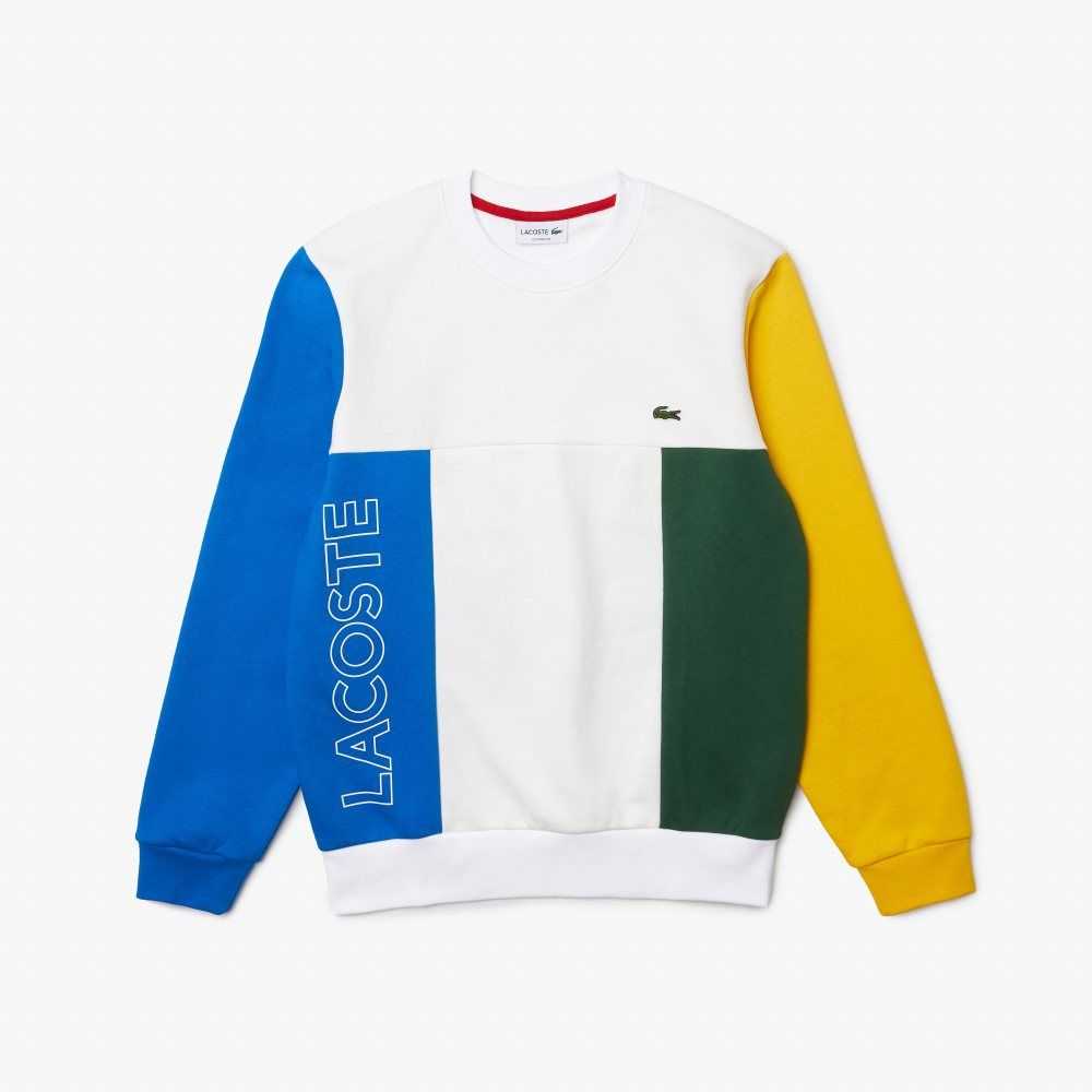 Lacoste Crew Neck Colorblock Bomull Fleece Vita Blå Gula Gröna | YJOMT-0432