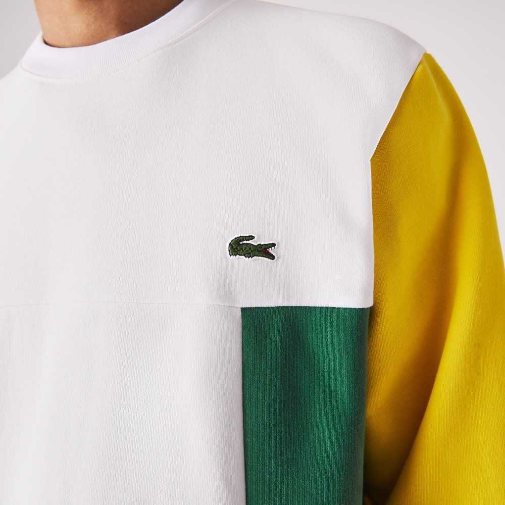 Lacoste Crew Neck Colorblock Bomull Fleece Vita Blå Gula Gröna | YJOMT-0432