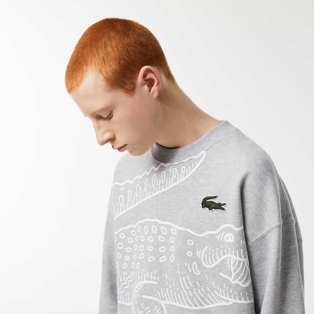 Lacoste Crew Neck Loose Fit Croc Print Grå | MXYNT-5420