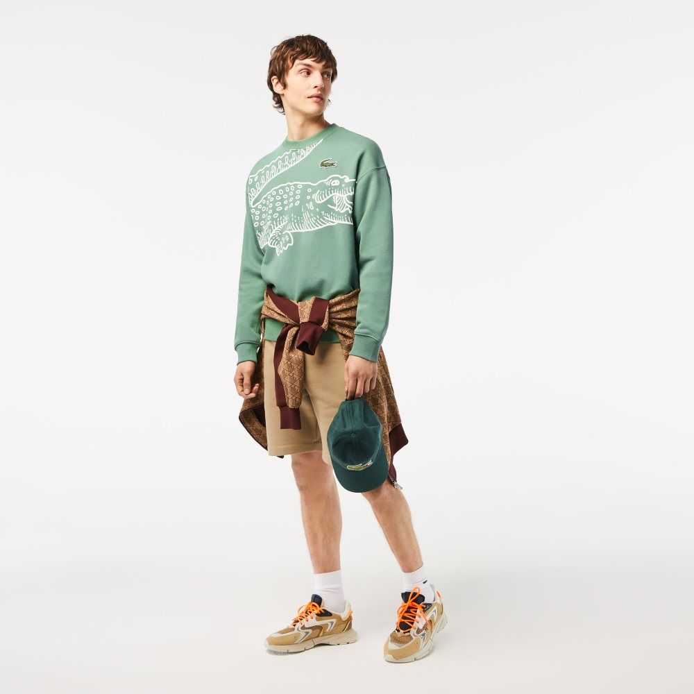 Lacoste Crew Neck Loose Fit Croc Print Khaki Gröna | HOJDG-8196