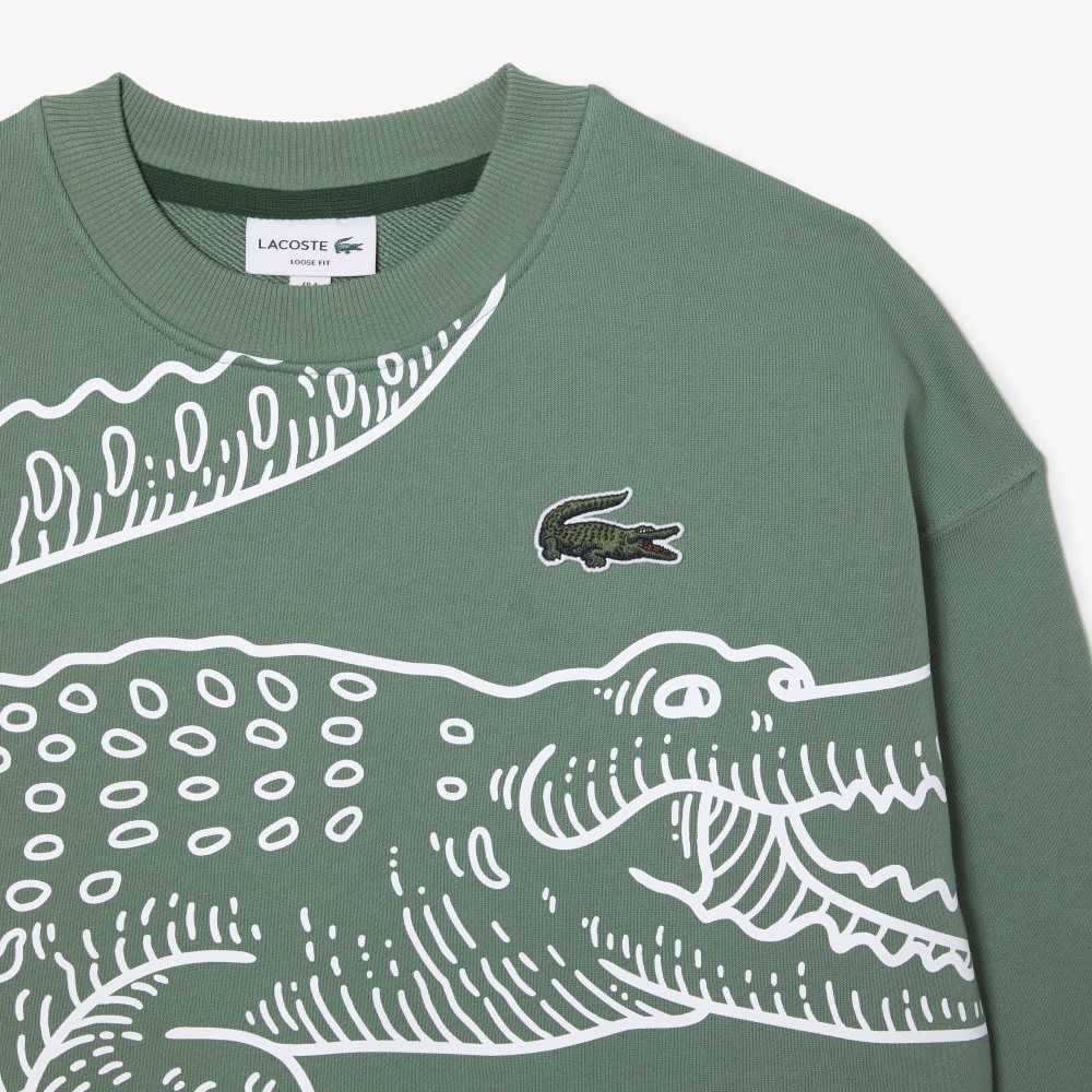 Lacoste Crew Neck Loose Fit Croc Print Khaki Gröna | HOJDG-8196