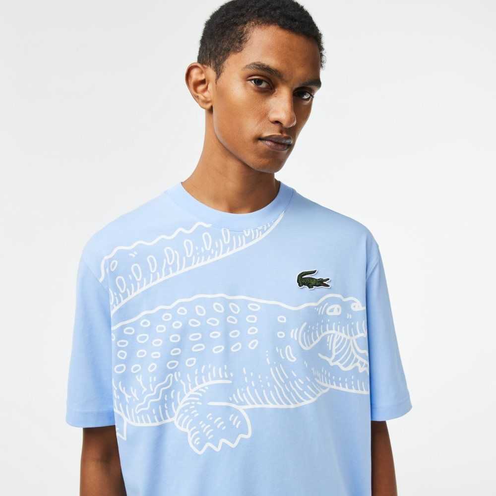 Lacoste Crew Neck Loose Fit Crocodile Print Blå | QIFOA-2391