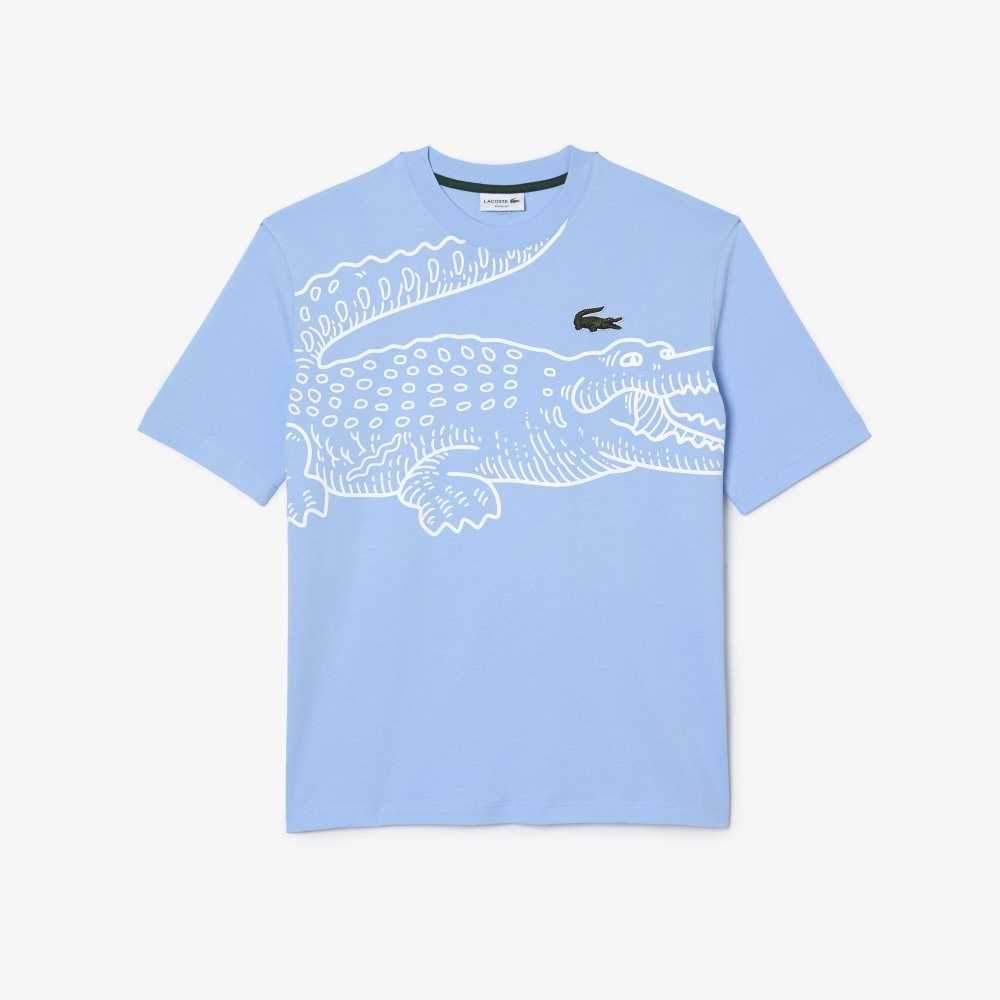 Lacoste Crew Neck Loose Fit Crocodile Print Blå | QIFOA-2391