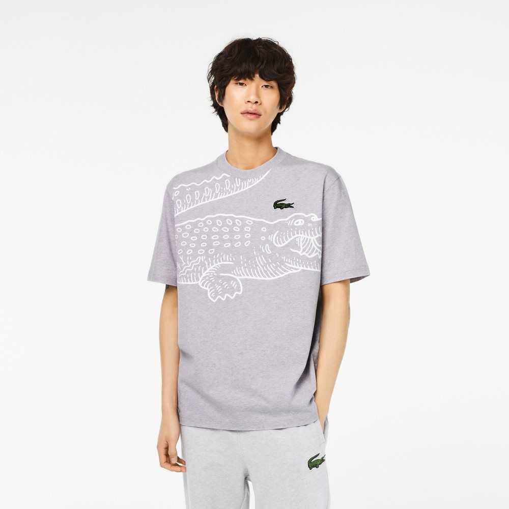 Lacoste Crew Neck Loose Fit Crocodile Print Grå | YDTPM-9485