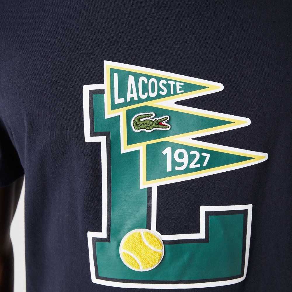 Lacoste Crew Neck Pennants L Badge Bomull Marinblå Blå | MVDWY-1792