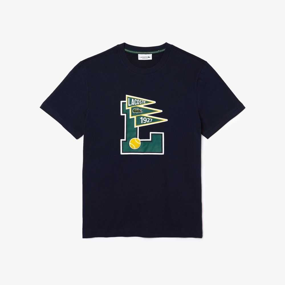 Lacoste Crew Neck Pennants L Badge Bomull Marinblå Blå | MVDWY-1792