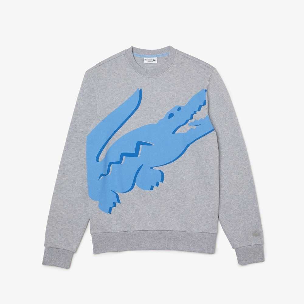 Lacoste Crew Neck Print Organic Bomull Fleece Grå | THZYE-1035