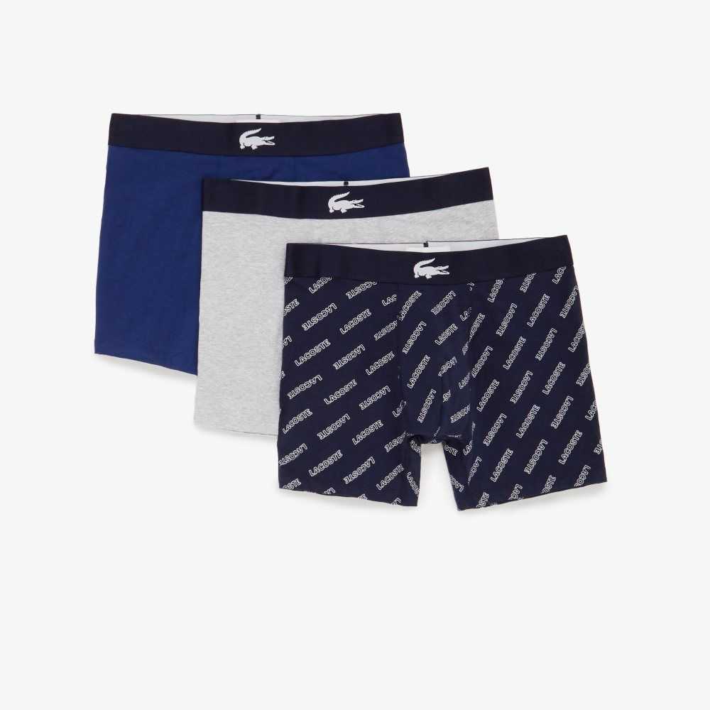 Lacoste Crocodile Midja Long Boxer Brief 3-Pack Marinblå Blå Vita Grå Marinblå Blå | GKXNV-5462