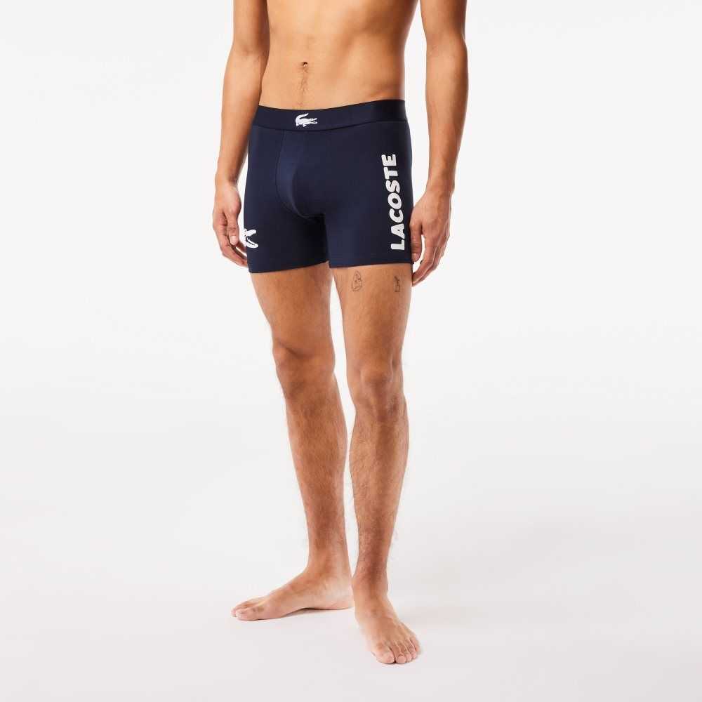 Lacoste Crocodile Midja Long Stretch Bomull Boxer Brief 3-Pack Marinblå Blå Vita Grå Marinblå Blå | GTWJF-3695