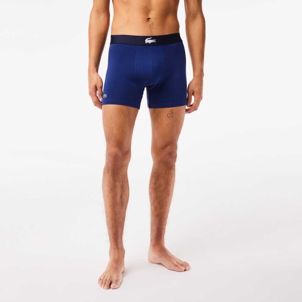 Lacoste Crocodile Midja Long Stretch Bomull Boxer Brief 3-Pack Marinblå Blå Vita Grå Marinblå Blå | GTWJF-3695