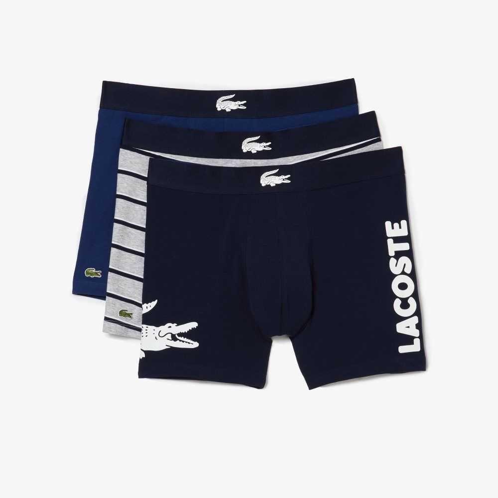 Lacoste Crocodile Midja Long Stretch Bomull Boxer Brief 3-Pack Marinblå Blå Vita Grå Marinblå Blå | GTWJF-3695