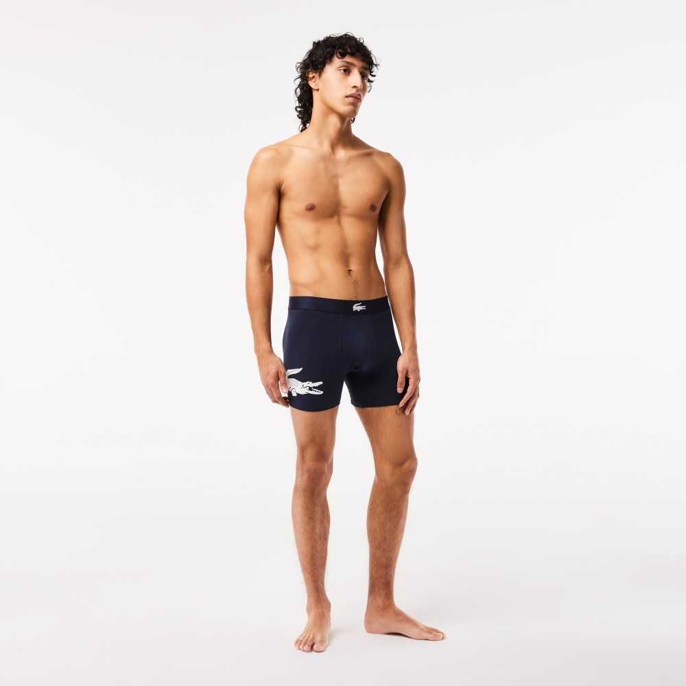 Lacoste Crocodile Midja Long Stretch Bomull Boxer Brief 3-Pack Marinblå Blå Vita Grå Marinblå Blå | GTWJF-3695