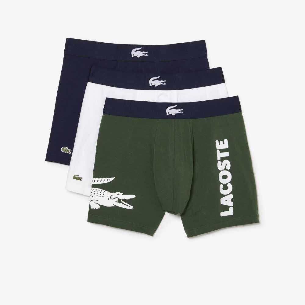 Lacoste Crocodile Midja Long Stretch Bomull Boxer Brief 3-Pack Gröna Marinblå Blå Vita | KPCRF-6187