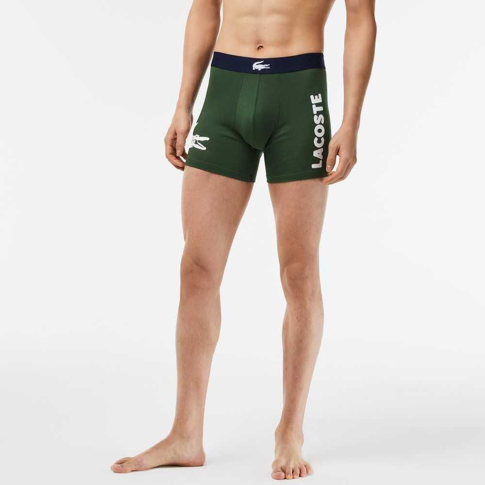 Lacoste Crocodile Midja Long Stretch Bomull Boxer Brief 3-Pack Gröna Marinblå Blå Vita | KPCRF-6187